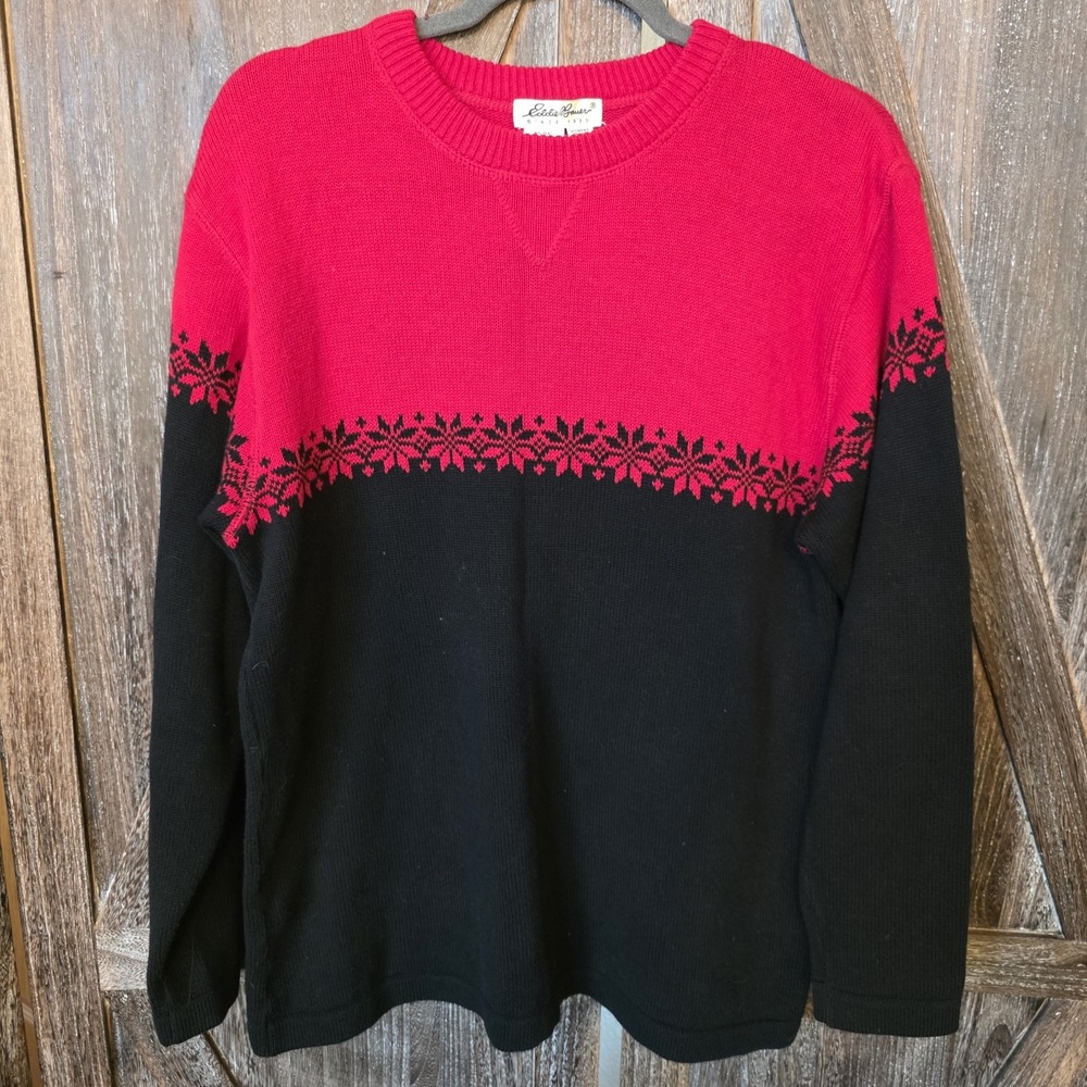 Eddie Bauer Sweater Women's Size Medium Black & Red Snowflake Pattern Holiday